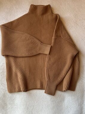 ZARA Brown Camel Ribbed Knit Wool Blend Pullover Sweater Turtleneck Women M